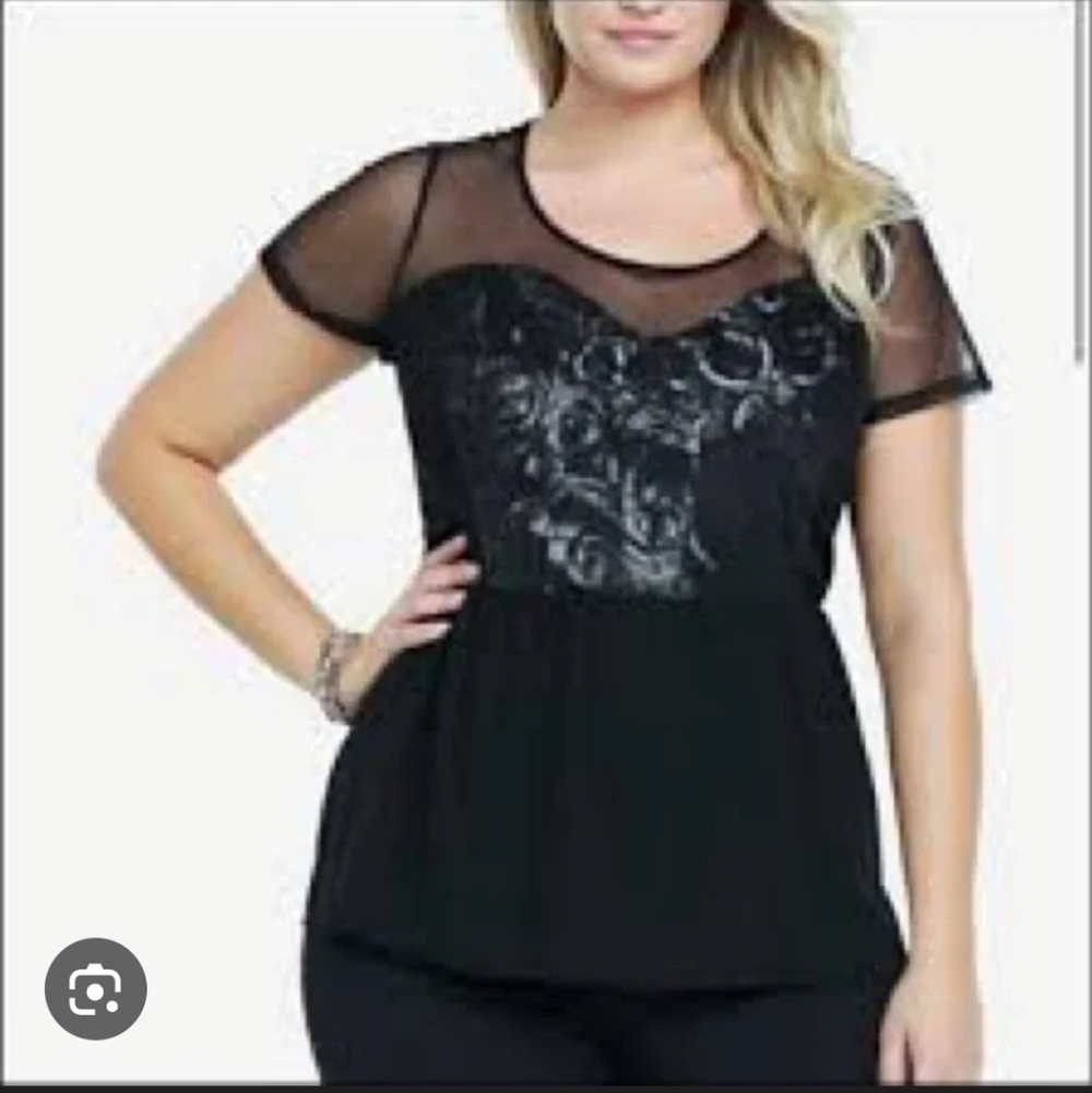Torrid Black Mesh Sequin Peplum Blouse Sz 0/L